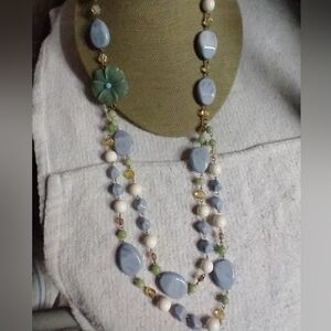 Goldtone green blue floral flower Robert rose necklace